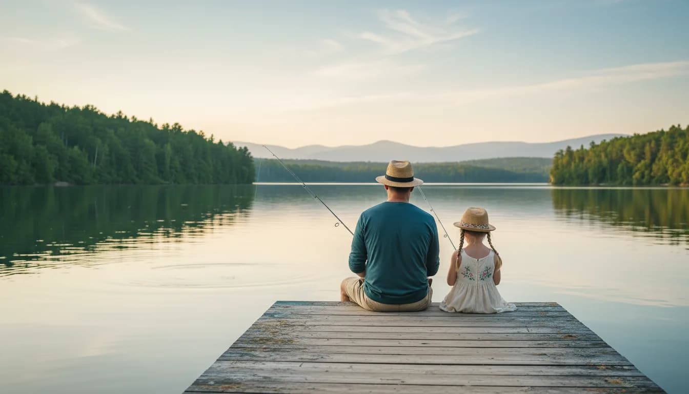 Ein Vater und seine kleine Tochter angeln gemeinsam von einem Holzsteg an einem See